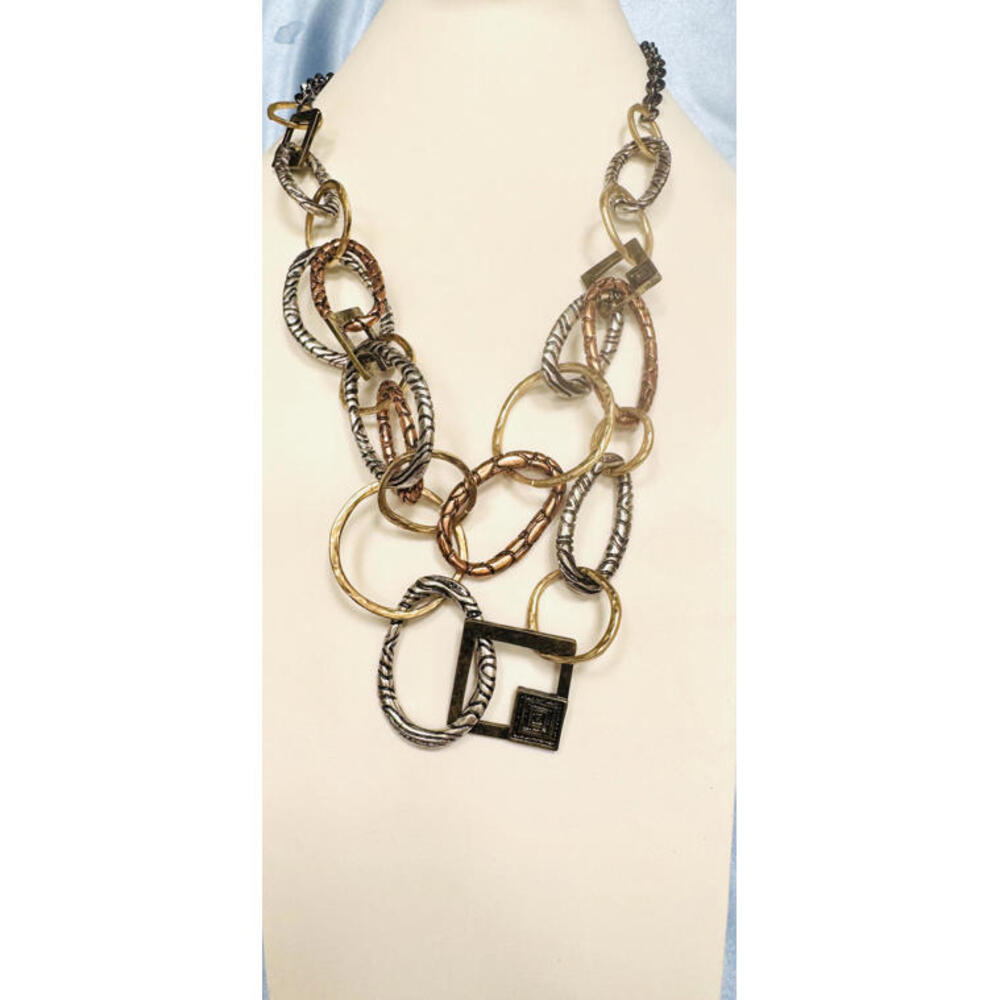 Erica Lyons Gold Tone Circles, Square Brass, Copper &Egg Silver Tone  Necklace